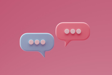 Social media notification icons, pink and blue speech bubbles on pink background. 3D rendering