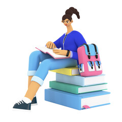 Education concept. Young woman is learning, reading and sitting on stack of books. Female character researching information for examination. 3d render illustration.