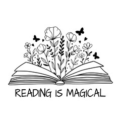Reading is magical. Book with flowers and butterflies. Floral book. Opened book and wildflowers. Reading books lovers. Outline drawing. Line vector illustration. Isolated on white background.