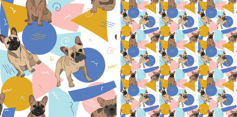 French Bulldog dog summer pastel wallpaper. Holiday abstract circles, squares, spirals, confetti. seamless background, repeatable pattern. Birthday wallpaper, Christmas present, print tiles. Geometric