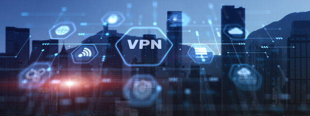 VPN network security internet privacy encryption concept. City background