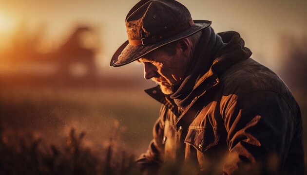 An Intimate Portrait Of A Farmer Working In A Field At Early Morning. Generative AI.