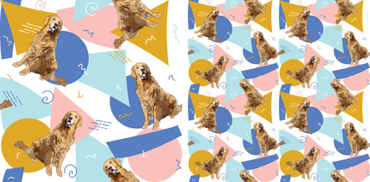 Golden retriever dog summer pastel wallpaper. Holiday abstract circles, squares, spirals, confetti. seamless background, repeatable pattern. Birthday wallpaper, Christmas present, print tiles.