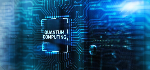 Quantum computing concept. The inscription on 3d Electronic Circuit Board Chip