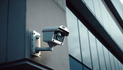 Fototapeta na wymiar Security camera on the corner of a modern building. Based on Generative AI
