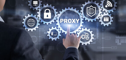 Proxy. Network administrator access the proxy server. Technology concept