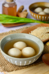Wedang Ronde Jahe, Glutinous Rice Balls with Ginger and Palm Sugar Syrup. Popular as Tangyuan in Chinese Culture, Eat at Dongzhi Festival
