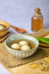 Wedang Ronde Jahe, Glutinous Rice Balls with Ginger and Palm Sugar Syrup. Popular as Tangyuan in Chinese Culture, Eat at Dongzhi Festival
