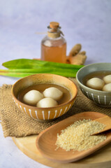 Wedang Ronde Jahe, Glutinous Rice Balls with Ginger and Palm Sugar Syrup. Popular as Tangyuan in Chinese Culture, Eat at Dongzhi Festival
