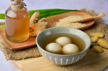Wedang Ronde Jahe, Glutinous Rice Balls with Ginger and Palm Sugar Syrup. Popular as Tangyuan in Chinese Culture, Eat at Dongzhi Festival
