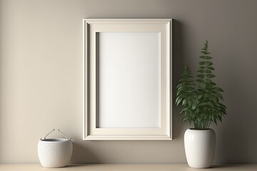 A vertical white straight picture frame mockup on a neutral-toned wall, with a small plant or vase of flowers on a nearby shelf created with generative AI technology