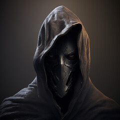 man in mask and hood scared