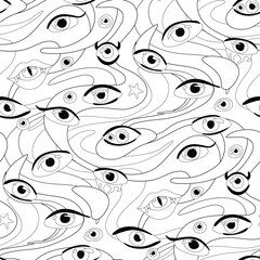 Psyhodelical Pattern with Thousand Eyes, Witchcraft Vibes. Surreal Design on White. Pop Art Cartoon Style. Seamless Pattern, Endless Texture. Vector Contour Illustration. Coloring Book