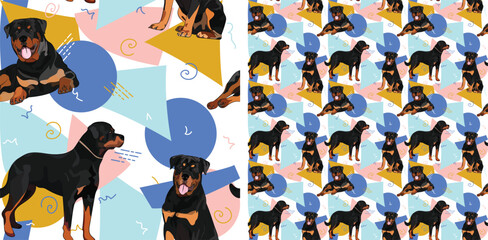 Rottweiler dog summer pastel wallpaper. Holiday abstract circles, squares, spirals, confetti. seamless background, repeatable pattern. Birthday wallpaper, Christmas present, print tiles. Geometric.