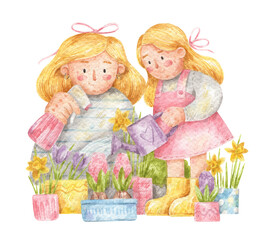 Mother and daughter watering flowers. Cute watercolor illustration of woman and girl with a watering can and spring flowers. Hand-drawn gardeners. Mother's Day greeting card