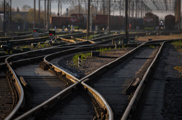 Railway Network In Lithuania. Radviliskis is well known railway capital in Lithuania. Beautiful evening sunset light and cars in background.