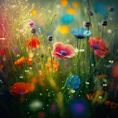 Wild colourful flowers in a spring time meadow. AI generated