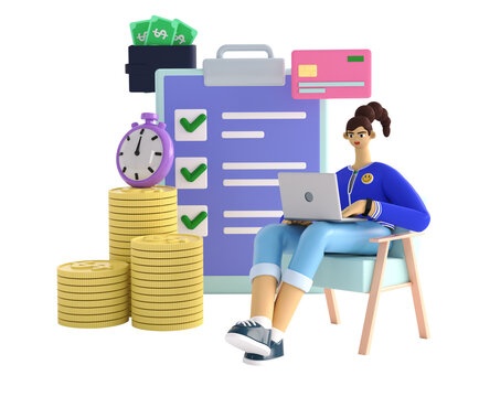 3D image of business planning, making money in deadline. Checklist, data infographic, saving money and solution concept. 3d render illustration on white background.