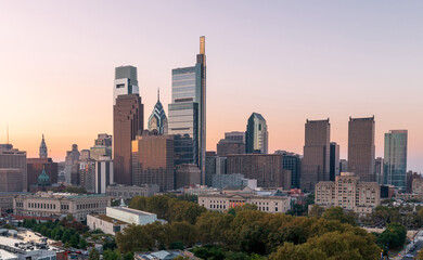 Fototapeta premium Philadelphia Skyline with Business District Area. Beautiful Morning Sunlight and Sky. Pennsylvania.