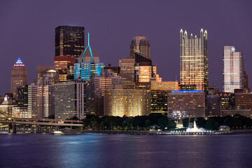 Cityscape of Pittsburgh, Pennsylvania. Allegheny and Monongahela Rivers in Background. Ohio River. Pittsburgh Downtown With Skyscrapers and Beautiful Sunset Sky