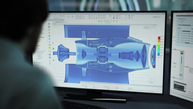 Inspecting the digital dissection of 3d turbine model in engineering software. Using modern engineering tech to study the 3d model. Engineering system showing the parts of the 3d gas turbine model.