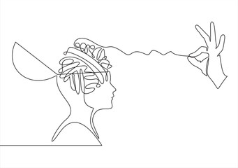 Psychologic therapy session concept with human head continuous line drawing and helping hand unravels the tangle of messy thoughts with mental disorder, anxiety and confusion mind or stress.
