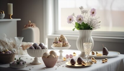 easter cookies on white table, and aesthetic living room background, Generative AI