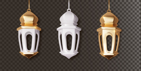 Arabic lanterns realistic set of hanging. Islamic Realistic traditional muslim symbols of Ramadan Mubarak fanous isolated on transparent background.