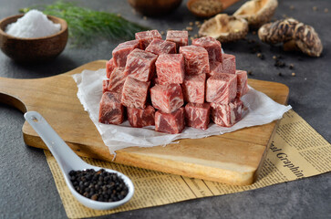 Raw Saikoro Cube Meat isolated on gray background
