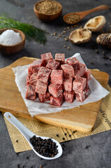 Raw Saikoro Cube Meat isolated on gray background
