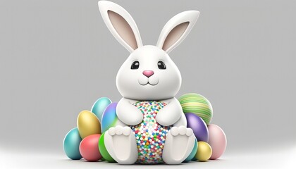 white cute bunny with easter eggs, Generative AI