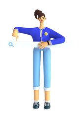 Woman holding search bar. Researching, studying and finding information concept. 3d render illustration on white background