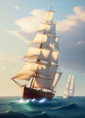 Fototapeta na wymiar Sailing ships at sea in daytime sunlight with a light breeze, AI generated.