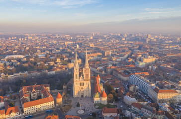 Zagreb Cathedral in Croatia. It is on the Kaptol, is a Roman Catholic institution and the tallest building in Croatia. Sacral building in Gothic style. Beautiful Sunset Light
