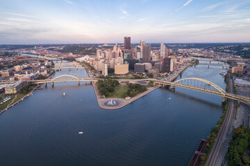 Fototapeta na wymiar Aerial view of Pittsburgh, Pennsylvania. Business district Point State Park Allegheny Monongahela Ohio rivers in background.
