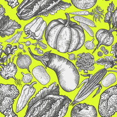 Seamless pattern with vegetables in collage style. Organic background. Vector
