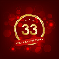 33 years anniversary. Anniversary template design with gold number and red ribbon, design for event, invitation card, greeting card, banner, poster, flyer, book cover and print. Vector Eps10