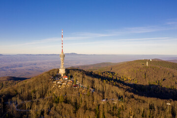 Zagreb TV Tower. Tall transmitter tower on the mountain of Sljeme in Zagreb, Croatia. Medvednica...