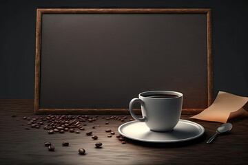 Obraz na płótnie Canvas Coffee Background Coffee Cup Coffee Beans on Table with empty copy space for text - Coffee Background Series - Coffee Wallpaper Background created with Generative AI technology