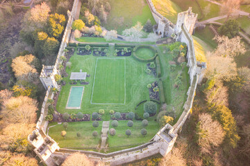 Arundel Castle in Arundel City, West Sussex, England, United Kingdom. Bird Eye View of garden. Backyard.