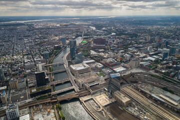 Philadelphia Skyline and Downtown. 30th Street Station in Philadelphia, Pennsylvania. Schuylkill River