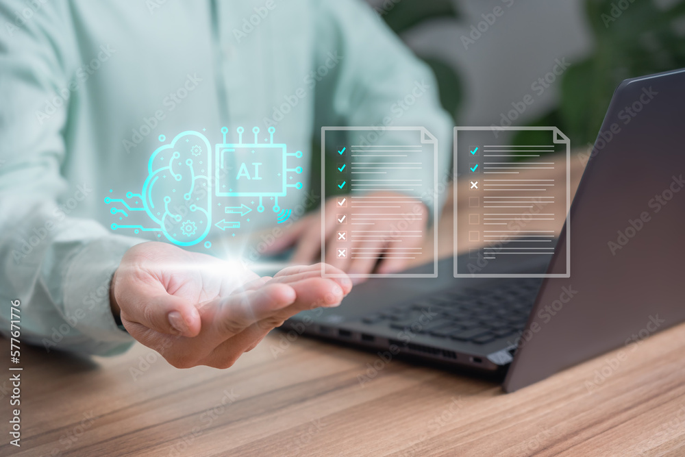 Poster AI technology. Document Management System (DMS), online documentation database and process automation to efficiently manage files and modern knowledge with Ai. Corporate business technology.