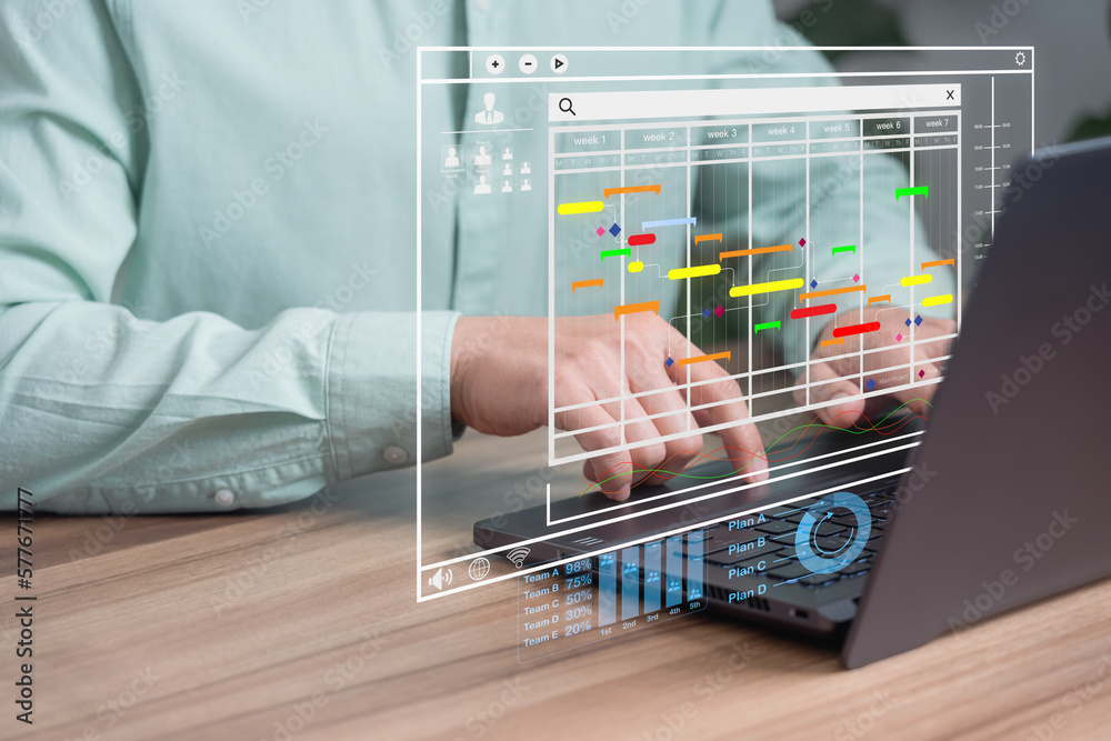 Poster Man working with technology computer in Business Analytics and Data Management System to make report with KPI and metrics connected to database. Corporate strategy for operations, planing, marketing.