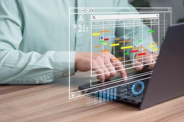 Man working with technology computer in Business Analytics and Data Management System to make report with KPI and metrics connected to database. Corporate strategy for operations, planing, marketing.