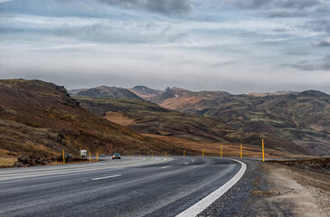 Iceland Landscape with Mountain, Blue Sky and Road.