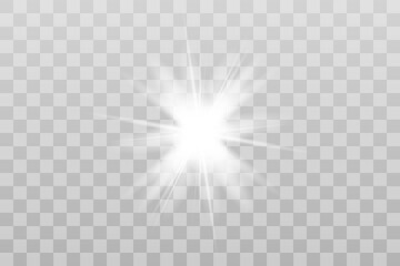 Shining sun glare rays, lens flare sun. Vector illustration png effect. Sunlight glowing white beam sunrays sky background.	