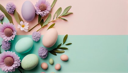 Obraz na płótnie Canvas Easter greeting card, banner with flowers, Easter eggs and flowers, marble background, copy space. Spring floral Modern 3d Easter graphic concept, generative AI