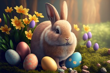 Happy Easter. Cute easter bunny with easter eggs. Generative AI