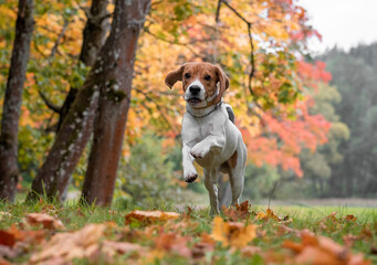 Beagle Dog Running on the grass. Autumn Leaves in Background.