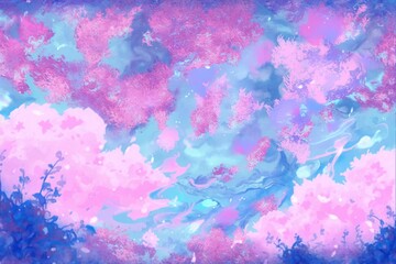 Fantasy glowing pink and blue blue flowers background. Generative AI illustration